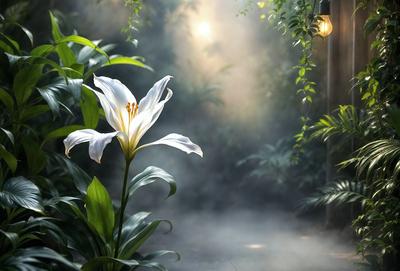 The primary subject of the image is a white flower, likely a lily, with a yellow center, standing in a garden setting. The flower is surrounded by green leaves and is positioned in front of a backdrop of a forest. The visual style of the image is a photo, capturing the beauty of the flower in its natural environment. The colors and mood of the image are predominantly green and serene, with the white flower and green leaves creating a sense of tranquility and natural beauty.