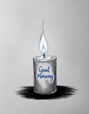 The primary subject of the image is a white candle with a blue flame, placed inside a white candle holder. The setting is a dark background, which contrasts with the bright blue flame of the candle. The visual style is a hand-drawn illustration, giving the image a unique and artistic appearance. The colors and mood of the image are predominantly dark, with the blue flame of the candle being the main source of light and creating a calming atmosphere.