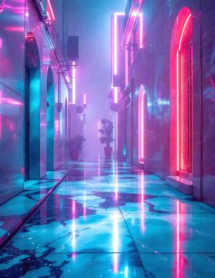 The primary subject of the image is a long, narrow hallway with a blue and purple color scheme. The setting is a futuristic city, with a backdrop of tall buildings and a street lined with potted plants. The visual style is a combination of photo and digital art, creating a surreal and vibrant atmosphere. The dominant colors are blue and purple, with pink accents, giving the scene a futuristic and dreamy mood.