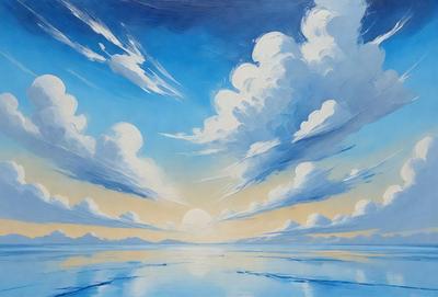 The primary subject of the image is a beautiful sunset over a large body of water. The sky is filled with clouds, creating a dramatic and serene atmosphere. The setting is a vast ocean, with the sun setting in the distance. The visual style of the image is a painting, which adds to the artistic and captivating nature of the scene. The colors and mood of the painting are predominantly warm and calming, with the sunset casting a warm glow over the ocean and clouds.