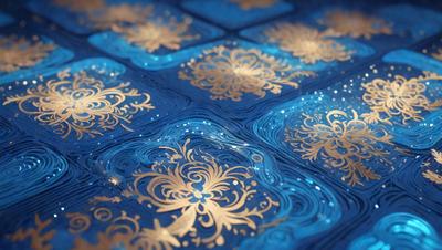 The primary subject of the image is a blue and gold decorative tile with a pattern of flowers. The setting is a blue table, and the visual style appears to be a combination of digital art and illustration. The dominant colors are blue and gold, creating a rich and elegant atmosphere.