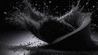 The primary subject of the image is a black, swirling mass of particles, possibly a cloud of smoke or a dark, swirling mass of dust. The setting appears to be a dark room, with the swirling mass of particles being the main focus of the image. The visual style is a close-up of the swirling mass, which creates a dramatic and mysterious atmosphere. The colors and mood of the image are predominantly dark and moody, with the swirling mass of particles being the