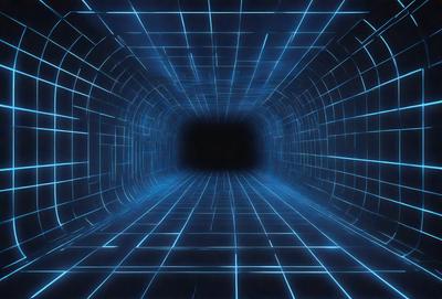 The primary subject of the image is a tunnel with a blue, geometric pattern on the walls. The setting is a dark, enclosed space, and the visual style appears to be a digital art or illustration. The dominant colors are blue and black, creating a moody atmosphere.