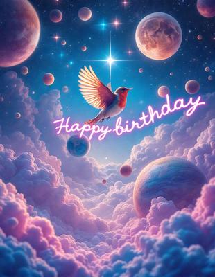 The primary subject of the image is a bird, which is flying through a pink and blue cloudy sky. The bird is positioned in the center of the scene, surrounded by the vibrant colors of the sky. The setting appears to be a celestial or fantastical environment, with the bird soaring through the clouds. The visual style of the image is a digital art or illustration, showcasing the bird's flight and the colorful sky. The overall atmosphere of the image is lively and whims