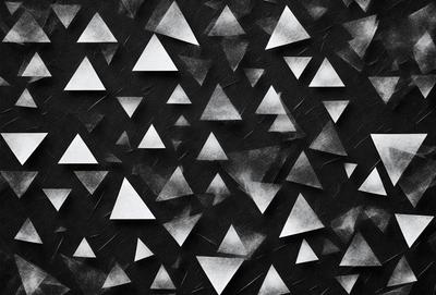 The primary subject of the image is a pattern of triangles, which are the main objects in the scene. The setting is a black background, and the visual style appears to be a combination of digital art and illustration. The dominant colors in the image are black and white, creating a monochromatic and minimalist atmosphere.