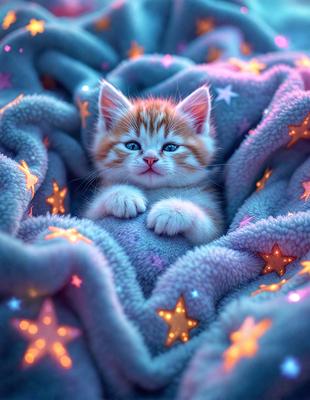 The primary subject of the image is a small kitten, which is laying down and surrounded by a soft, fluffy blanket. The kitten appears to be resting or sleeping, and the blanket provides a cozy and warm environment for the cat. The setting is indoors, with the kitten being the main focus of the image. The visual style is a combination of photo and digital art, creating a realistic yet artistic representation of the kitten and its surroundings. The colors and mood