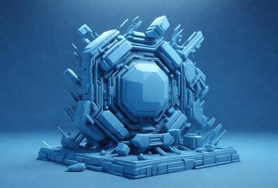 The primary subject of the image is a large, blue, three-dimensional structure that resembles a futuristic city or a space station. The setting is a blue background, which provides a contrasting and visually appealing environment for the structure. The visual style of the image is digital art, as it appears to be a computer-generated or digitally rendered creation. The colors and mood of the image are predominantly blue, giving it a calm and futuristic atmosphere.