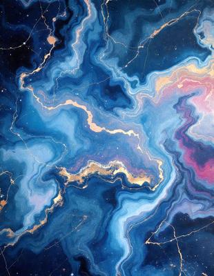 The primary subject of the image is a blue and gold painting of a galaxy. The setting is a black background, which contrasts with the vibrant colors of the galaxy. The visual style is a digital art or illustration, showcasing the artist's creativity and skill in capturing the intricate details of the galaxy. The dominant colors are blue and gold, creating a sense of depth and beauty in the painting.