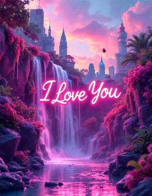 The primary subject of the image is a heart-shaped sign that reads "I Love You." The setting is a beautiful, pink-colored landscape with a waterfall and a castle in the background. The visual style is a combination of digital art and illustration, creating a whimsical and romantic atmosphere. The dominant colors are pink and purple, which contribute to the overall mood of the image.