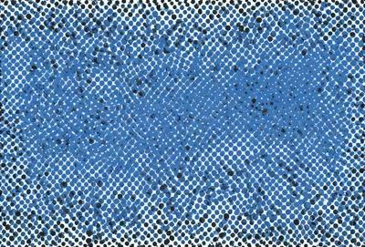 The primary subject of the image is a blue background with a pattern of white dots. The setting appears to be a blue and white patterned background, which creates a visually appealing and contrasting effect. The visual style of the image is a combination of a photo and a digital art, illustration, or drawing. The dominant colors in the image are blue and white, creating a calm and soothing atmosphere.