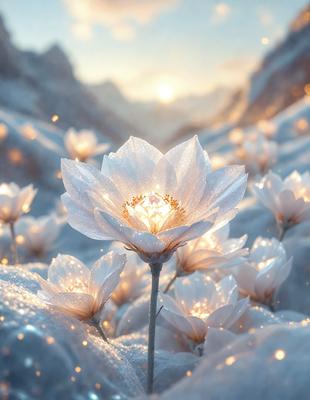 The primary subject of the image is a single white flower, which is the main focus of the scene. The flower is located in a snowy environment, surrounded by a field of white flowers. The visual style of the image is a digital art, with the flower and its surroundings appearing to be painted or drawn. The dominant colors in the image are white and snowy, creating a serene and peaceful atmosphere.