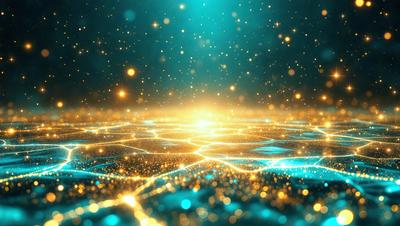 The primary subject of the image is a brightly lit, colorful, and intricate pattern. The setting is a blue background, which adds to the overall visual style. The pattern is a combination of gold and blue colors, creating a vibrant and lively atmosphere. The image appears to be a digital art or illustration, showcasing the artist's creativity and skill in designing such a captivating pattern.