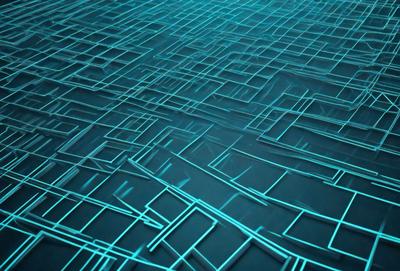 The primary subject of the image is a blue, geometric pattern. The setting is a blue surface, possibly a wall or a floor. The visual style is a digital art or illustration, with a blue and green color palette. The overall atmosphere is calm and visually appealing.