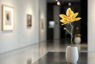 The primary subject of the image is a yellow flower in a white vase. The setting is a room with a white wall, and the visual style is a photo. The dominant colors are yellow and white, creating a warm and inviting atmosphere.