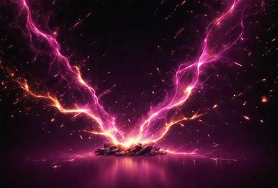 The primary subject of the image is a purple light, which appears to be a neon sign or a light source. The setting is a dark room, and the visual style is a digital art or illustration. The dominant colors in the image are purple and pink, creating a vibrant and energetic atmosphere.