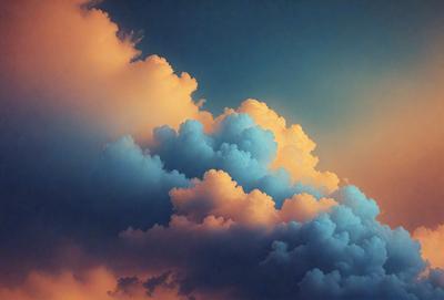The primary subject of the image is a cloudy sky with a variety of clouds. The setting is a sunset, creating a warm and serene atmosphere. The visual style is a painting, which adds a sense of artistic expression and depth to the scene. The dominant colors are shades of blue, pink, and orange, which contribute to the overall mood of the painting.