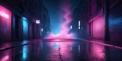 The primary subject of the image is a pink and purple water spout shooting water into the air. The setting is a city street at night, with buildings in the background. The visual style is a digital art or illustration, creating a surreal and artistic atmosphere. The dominant colors are pink and purple, which contribute to the overall mood of the scene.