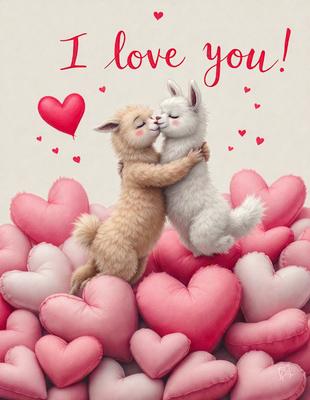 The primary subject of the image is a heart-shaped card with a cartoon of two animals, a dog and a cat, kissing each other. The setting is a pile of hearts, creating a visually appealing and playful scene. The visual style is a combination of digital art and illustration, giving the image a unique and creative appearance. The colors and mood are predominantly pink and warm, evoking feelings of love and affection.