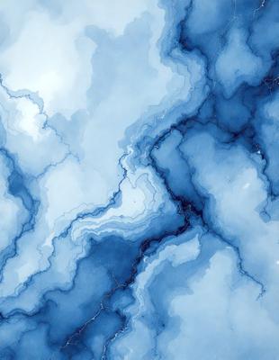The primary subject of the image is a blue and white painting of a cloudy sky. The setting is a blue background, and the visual style appears to be a digital art or illustration. The dominant colors in the painting are blue and white, creating a calm and serene atmosphere.