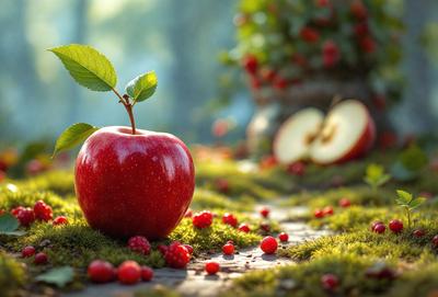The primary subject of the image is a red apple with a single leaf on it, placed on a mossy surface. The setting is a garden, with a variety of plants and flowers surrounding the apple. The visual style is a combination of photo and digital art, creating a realistic yet artistic representation of the scene. The colors and mood are predominantly warm and natural, with the red apple and green moss standing out as the main focal points.