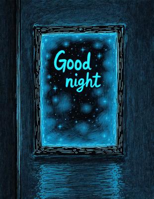 Good Night: A blue sign with white letters, featuring a night sky and stars.