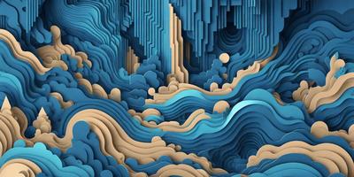 The primary subject of the image is a blue ocean with waves and a blue sky. The setting is a digital artwork, featuring a blue and white color scheme. The visual style is a combination of digital art and illustration, creating a unique and artistic representation of the ocean. The overall atmosphere is serene and calming, with the blue ocean and sky evoking a sense of tranquility.