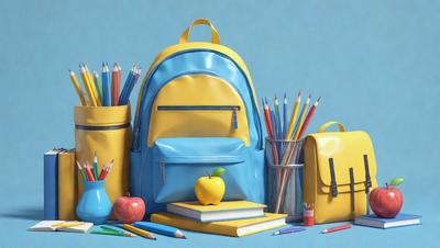 The primary subject of the image is a blue and yellow backpack, which is placed on a table. The backpack is surrounded by various items, including a book, a pencil, a pair of scissors, and a cup. The setting appears to be a classroom or a study area, as the backpack is filled with school supplies. The visual style of the image is a combination of photo and digital art, creating a realistic yet artistic representation of the scene. The colors and mood of the image are bright