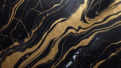 The primary subject of the image is a marble countertop with a gold and black pattern. The setting is a kitchen, and the visual style is a close-up of the marble countertop. The dominant colors are gold and black, creating a luxurious and elegant atmosphere.