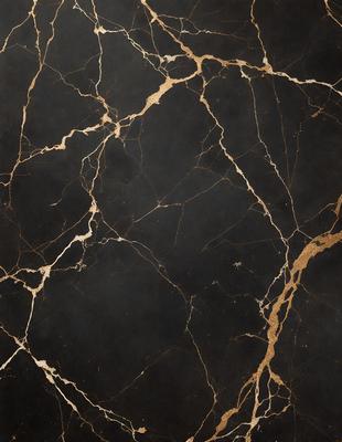 The primary subject of the image is a black marble countertop with gold veins. The setting is a kitchen, and the visual style is a close-up of the marble countertop. The dominant colors are black and gold, creating a luxurious and elegant atmosphere.