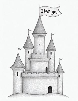 The primary subject of the image is a large, intricate castle with a tall tower. The setting is a white background, which provides a clean and uncluttered appearance. The visual style is a black and white drawing, giving the image a classic and timeless feel. The colors and mood are predominantly black and white, creating a sense of elegance and sophistication.