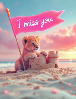The primary subject of the image is a lion cub sitting on a sandcastle. The setting is a beach, with the lion cub standing on the sand. The visual style is a digital art illustration, creating a whimsical and playful atmosphere. The colors are predominantly pink and white, which adds to the lighthearted and fun nature of the scene.