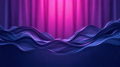 The primary subject of the image is a purple wave, which is the main focus of the scene. The wave is depicted in a digital art style, giving it a unique and artistic appearance. The setting is a stage with a purple curtain in the background, creating a dramatic and theatrical atmosphere. The overall mood of the image is one of creativity and visual interest, as the purple wave stands out against the stage backdrop.
