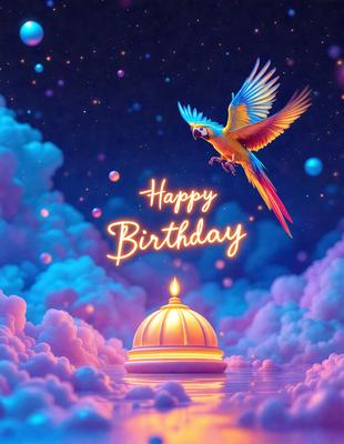 The primary subject of the image is a colorful bird, specifically a parrot, flying through a cloudy sky. The bird is positioned in the upper part of the scene, with its wings spread wide. The setting is a cloudy sky, which serves as the backdrop for the bird's flight. The visual style of the image is digital art, as it is a well-crafted and detailed illustration. The colors in the image are predominantly blue and pink, creating a serene and dreamy atmosphere.