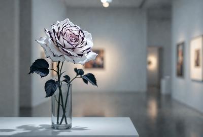 The primary subject of the image is a single purple and white rose in a clear vase. The rose is placed on a white table, which serves as the main object of the image. The setting is a room with a white wall, which provides a clean and minimalistic backdrop for the rose. The visual style of the image is a close-up of the rose, emphasizing its details and colors. The dominant colors in the image are purple and white, creating a calm and serene atmosphere.