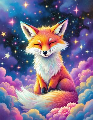 The primary subject of the image is a cute, colorful fox sitting on a cloud. The fox is surrounded by a vibrant and lively environment, with a purple and pink background and a sky filled with stars. The visual style of the image is a combination of digital art and illustration, creating a whimsical and imaginative scene. The colors and mood of the image are bright, cheerful, and playful, with the fox's red and white fur standing out against the pur