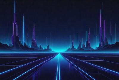The primary subject of the image is a futuristic cityscape with a long, blue road running through it. The setting is a dark, purple sky, which adds to the overall mood of the scene. The visual style of the image is digital art, as it appears to be a computer-generated or digitally rendered scene. The dominant colors in the image are blue and purple, creating a sense of depth and mystery in the futuristic landscape.