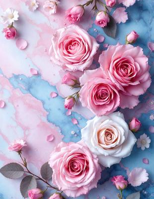 The primary subject of the image is a bouquet of pink and white roses. The setting is a blue and pink marbled surface, which serves as the backdrop for the flowers. The visual style is a close-up of the flowers, showcasing their details and beauty. The colors and mood of the image are predominantly pink and white, creating a sense of elegance and delicacy.