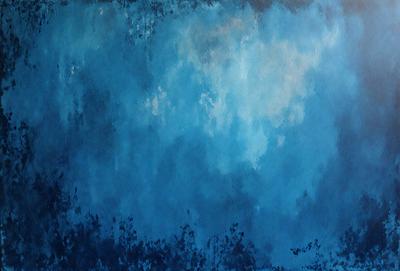 The primary subject of the image is a blue sky with clouds. The setting is a cloudy day, and the visual style is a painting or drawing. The colors and mood of the image are predominantly blue, creating a calm and serene atmosphere.