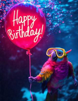 The primary subject of the image is a colorful bird, possibly a parrot, holding a pink balloon with the words "Happy Birthday!" written on it. The bird is wearing goggles, adding a playful and fun element to the scene. The setting appears to be underwater, with the bird floating in the water. The visual style of the image is a combination of photo and digital art, creating a unique and creative representation of the bird and the balloon. The colors and m