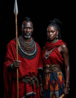 The primary subject of the image is a man and a woman standing next to each other. They are both wearing red clothing, and the man is holding a wooden spear. The setting appears to be a dark room, and the visual style is a black and white photo. The overall atmosphere of the image is dramatic and intense, with the man and woman standing out as the main focus.