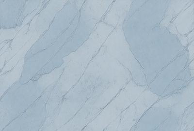 The primary subject of the image is a blue marble wall with a white and grey pattern. The setting is a room with a blue background. The visual style is a close-up of the marble wall, showcasing its unique texture and design. The colors and mood of the image are predominantly blue and grey, creating a calm and sophisticated atmosphere.