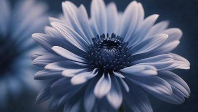 The primary subject of the image is a large blue flower with a white center. The setting is a close-up of the flower, showcasing its details. The visual style is a photo, capturing the beauty of the flower in its natural environment. The dominant colors are blue and white, creating a serene and calming atmosphere.