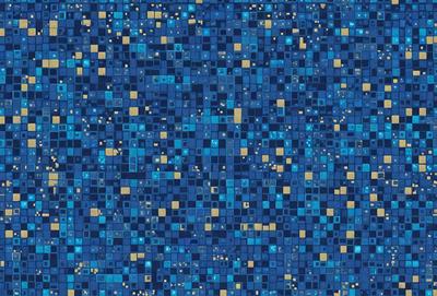 The primary subject of the image is a blue and gold patterned surface. The setting is a blue background, and the visual style appears to be a combination of digital art and illustration. The dominant colors are blue and gold, creating a vibrant and lively atmosphere.