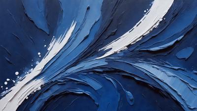 The primary subject of the image is a painting of a blue wave. The setting is a canvas, and the visual style is a painting. The dominant colors are blue and white, creating a serene and calming atmosphere.