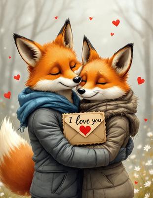 The image features two foxes, likely a couple, hugging each other and holding a heart-shaped card. The scene is set in a forest, with trees visible in the background. The visual style of the image is digital art, giving it a vibrant and lively appearance. The dominant colors in the image are red and orange, which are associated with love and affection. The overall atmosphere of the image is warm, romantic, and heartfelt.