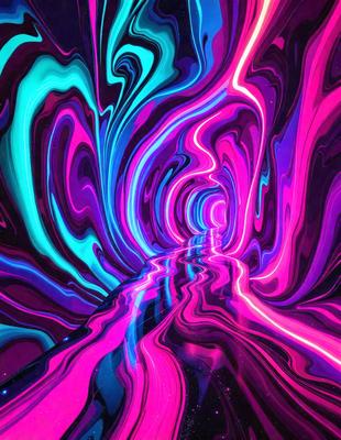 The primary subject of the image is a tunnel-like structure with a purple and blue color scheme. The tunnel appears to be a part of a larger, swirling pattern that extends throughout the scene. The setting is a space with a starry background, which adds to the overall visual style of the image. The colors and mood of the image are vibrant and dynamic, creating a sense of movement and depth.