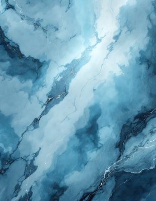 The primary subject of the image is a blue and white marble-like surface, which appears to be a painting or drawing. The setting is a cloudy sky, and the visual style is a combination of digital art and illustration. The dominant colors are blue and white, creating a serene and calming atmosphere.