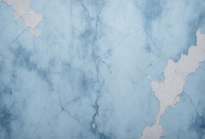 The primary subject of the image is a blue marble wall with a cracked and chipped appearance. The setting is a room with a blue-toned atmosphere. The visual style is a close-up of the wall, showcasing its unique texture and design. The colors and mood of the image are predominantly blue, creating a calm and serene environment.