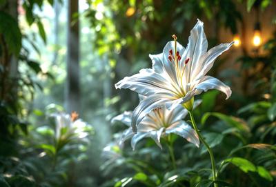 The primary subject of the image is a white flower, possibly a lily, with a pink center, sitting in a garden setting. The flower is surrounded by green leaves, and it appears to be the main focus of the image. The setting includes a forest-like environment, with trees and plants in the background. The visual style of the image is a close-up of the flower, showcasing its details and beauty. The colors in the image are predominantly green and white, with the pink center of the flower adding
