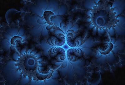 The primary subject of the image is a blue and purple swirling pattern, which appears to be a digital art or illustration. The setting is a dark blue background, creating a contrasting and dramatic atmosphere. The visual style suggests that the image is a creative and artistic representation, possibly inspired by the natural world or abstract concepts. The colors and mood convey a sense of depth, intricacy, and beauty, making the image captivating and visually appealing.